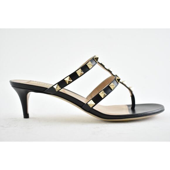 Valentino Rockstud 50 Black Thong Backless Cage Strap Sandal Kitten Heel Pump 37 - Picture 3 of 12